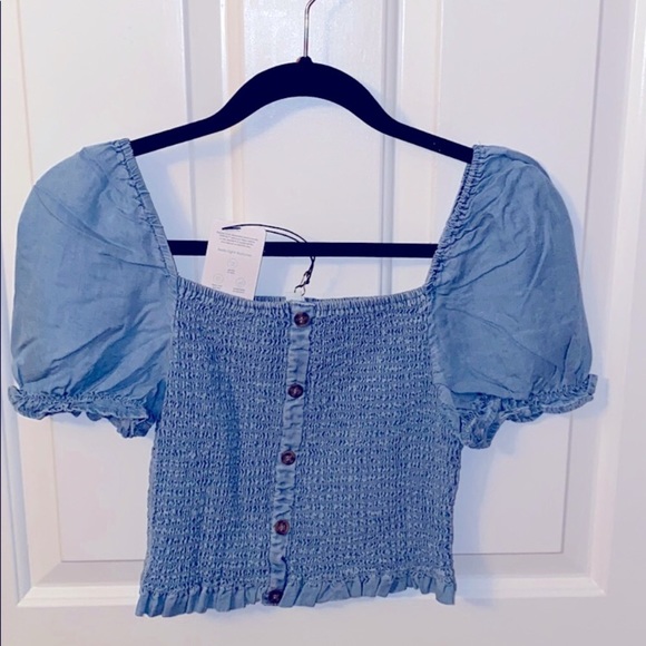 Denim style smocked Crop top Chambray tencel L Cowgirl cowboy - Picture 5 of 7